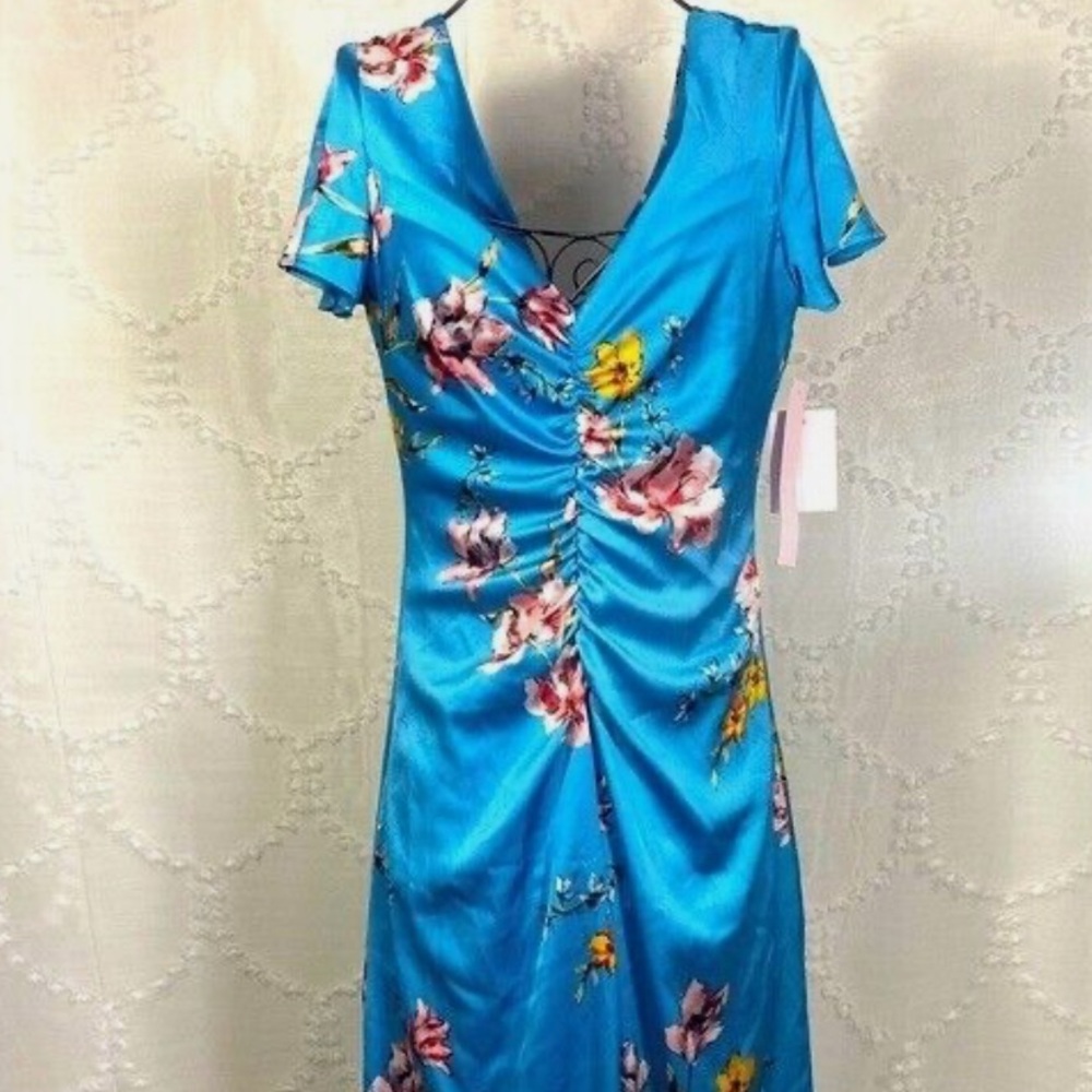 Avec Les Filles Women's Blue Ruched Floral-Print Dress Zip Lined fits size 2-4